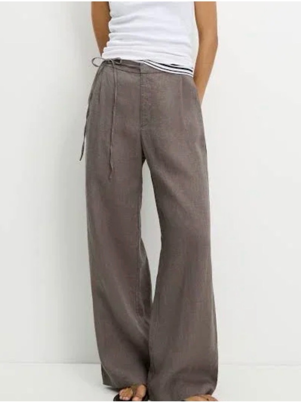 Pull&Bear Wide-Leg Drawstring Pants - Taupe Brown